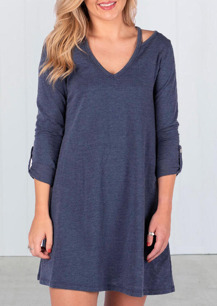

Solid V-Neck Hollow Out Mini Dress - Blue, 456279