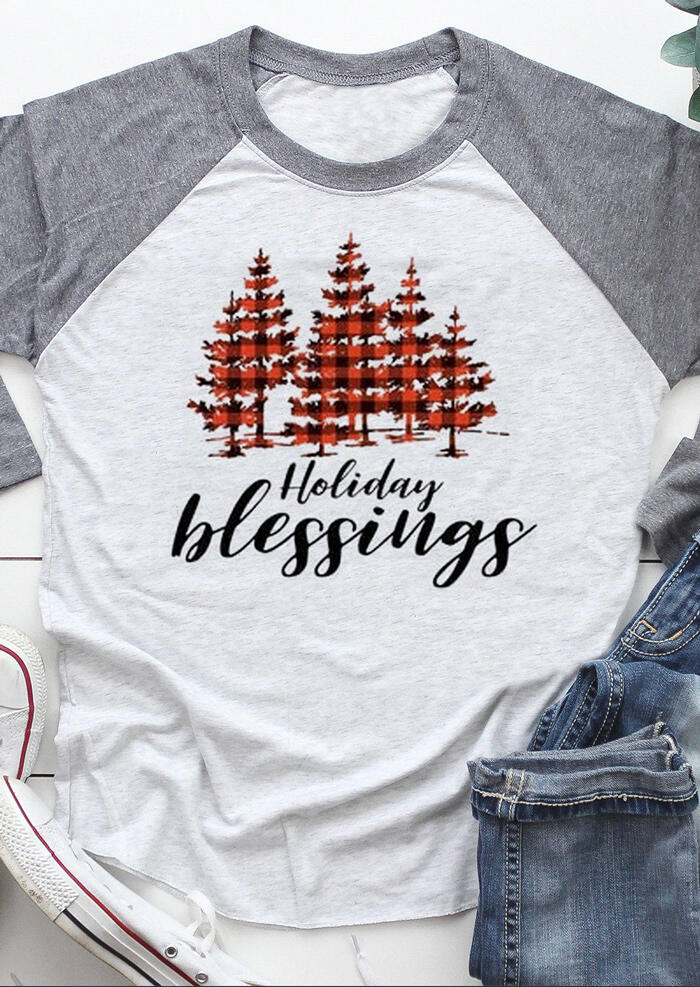 Plaid Trees Holiday Blessings T-Shirt Tee – Light Grey