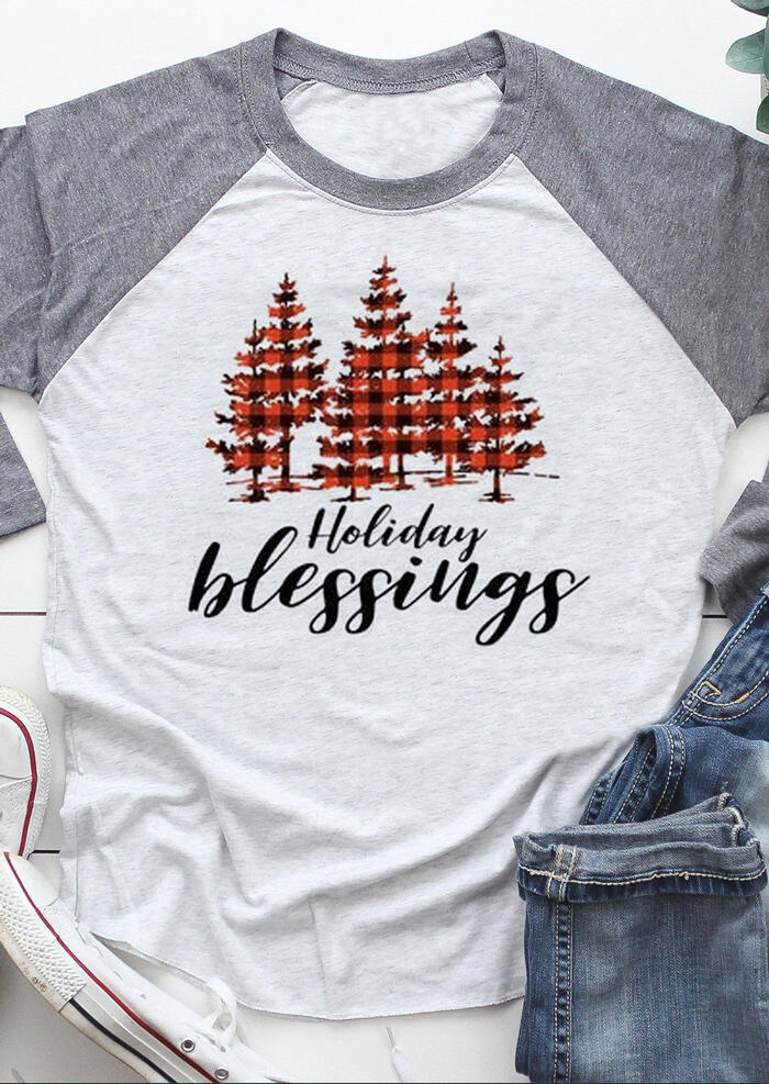 

Tees T-shirts Plaid Trees Holiday Blessings T-Shirt Tee in Light Grey. Size