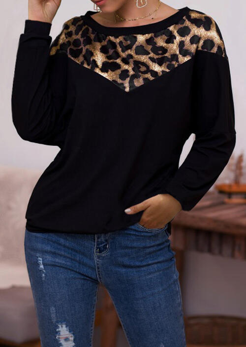 

Leopard Printed Splicing Blouse without Necklace - Black, 456177