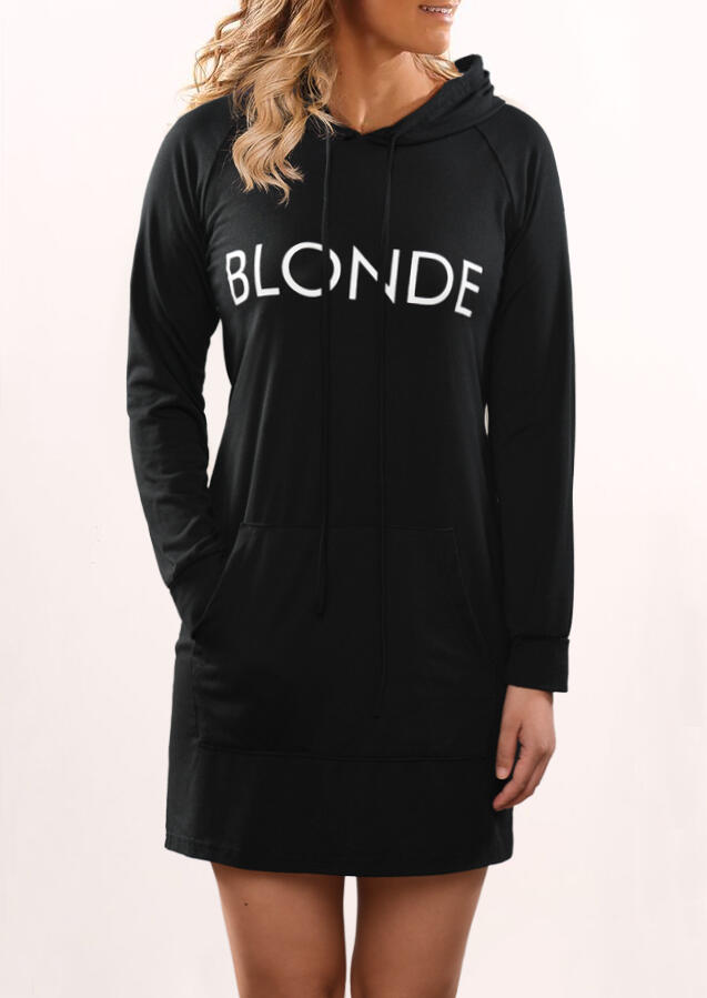 

Blonde Drawstring Kangaroo Pocket Mini Dress - Black, 456312