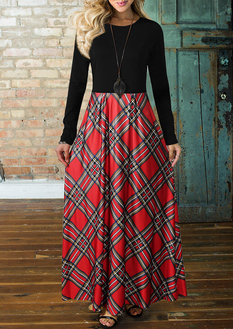 

Plaid Splicing Pocket Maxi Dress without Necklace - Red, 456315