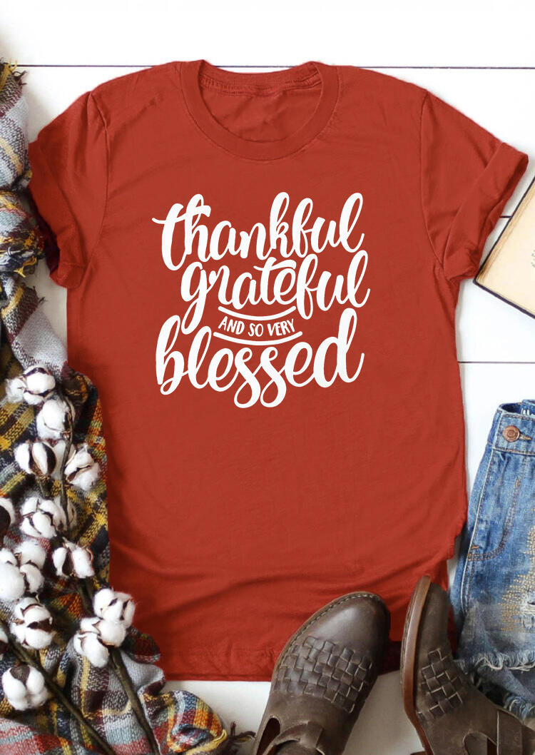 

Thankful Grateful Blessed T-Shirt Tee - Brick Red, 456351