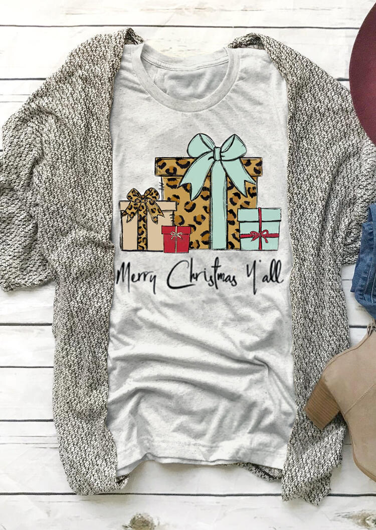 

Leopard Printed Merry Christmas Y'All T-Shirt Tee - Light Grey, 456373