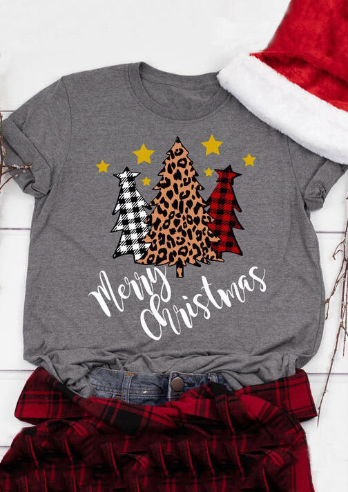 

T-shirts Tees Plaid Leopard Printed Merry Christmas Trees T-Shirt Tee in Gray. Size