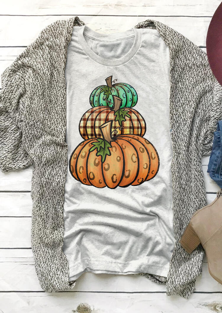 

Tees T-shirts Leopard Printed Plaid Pumpkin T-Shirt Tee - Light Grey. Size: ,XL