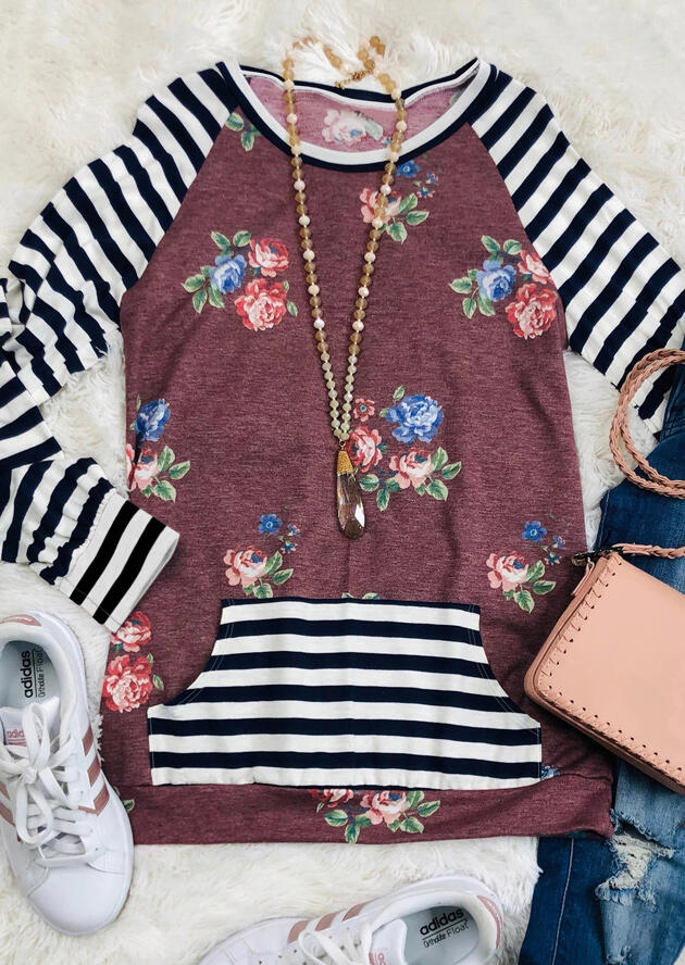 

Floral Striped Splicing Blouse without Necklace - Cameo Brown, 456117