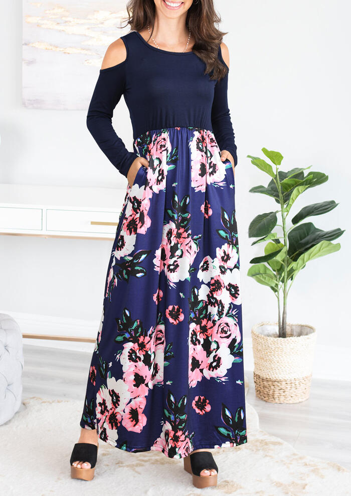 

Floral Splicing Cold Shoulder Maxi Dress without Necklace - Blue, 456355