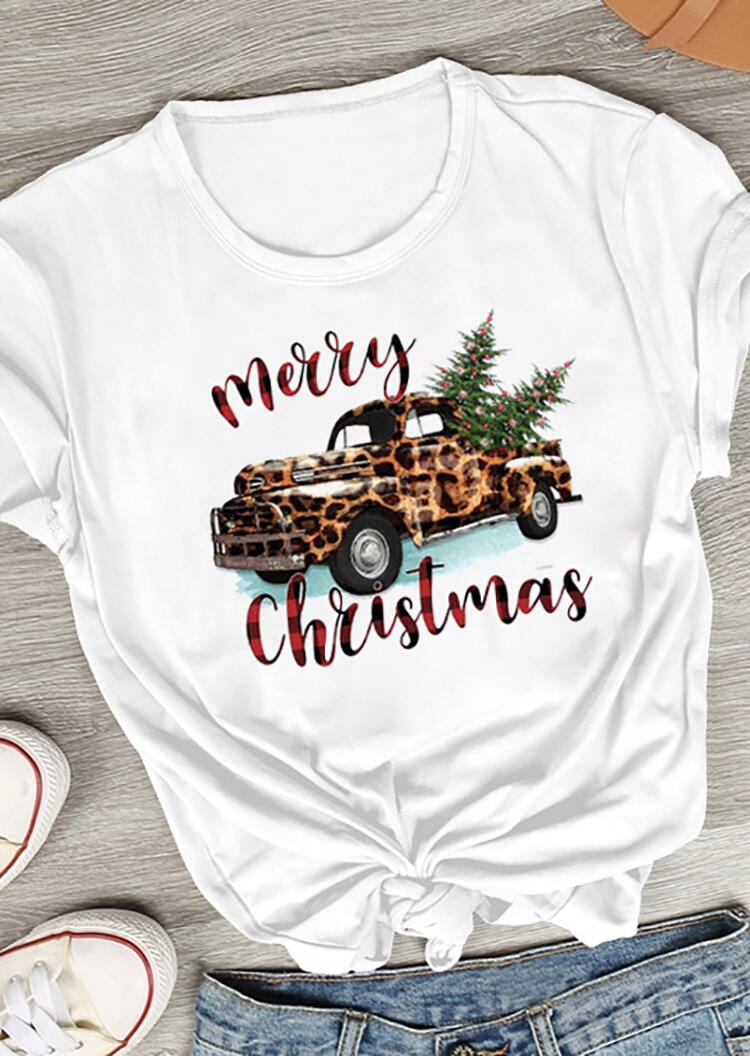 

Leopard Printed Car Merry Christmas T-Shirt Tee - White, 456370