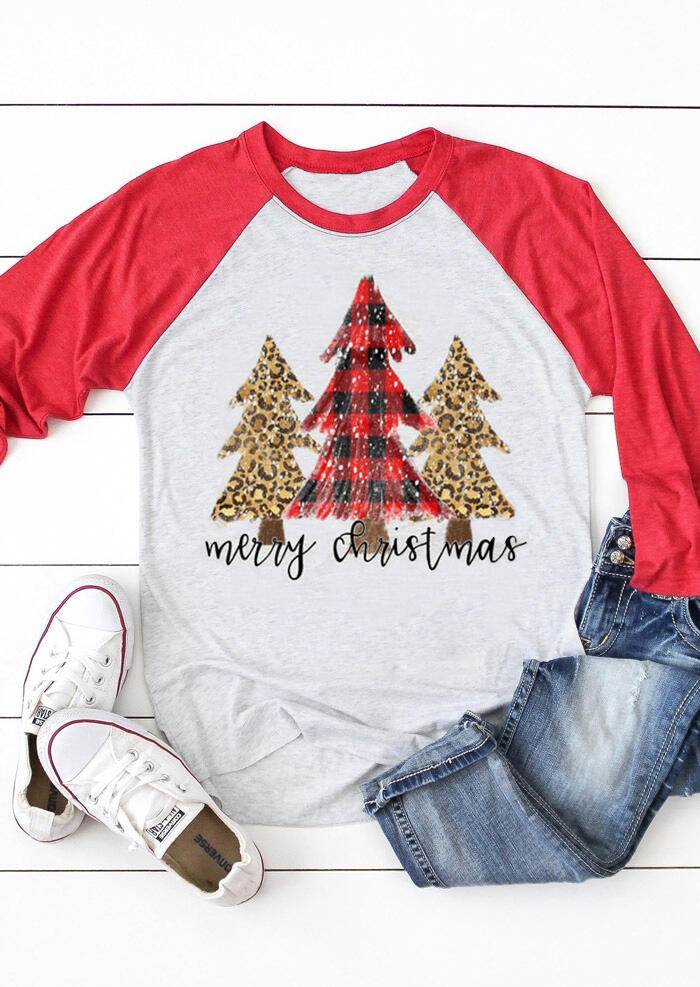 

Plaid Leopard Printed Merry Christmas Trees T-Shirt Tee - Light Grey, 456378