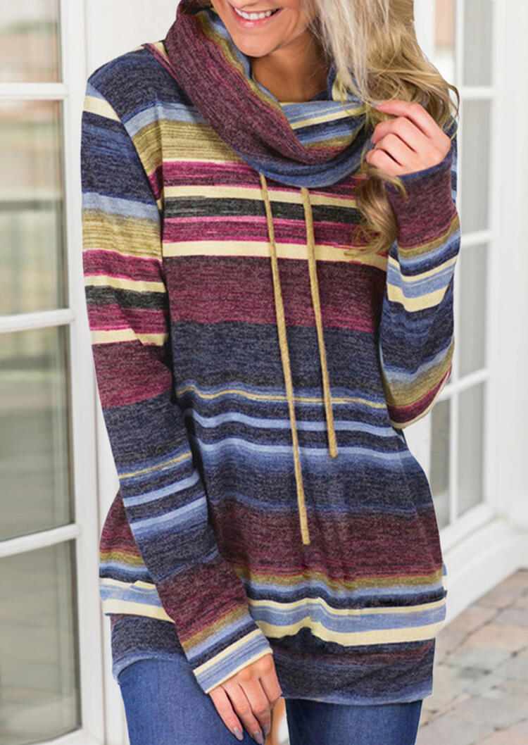 

Striped Drawstring Cowl Neck Blouse - Blue, 456415