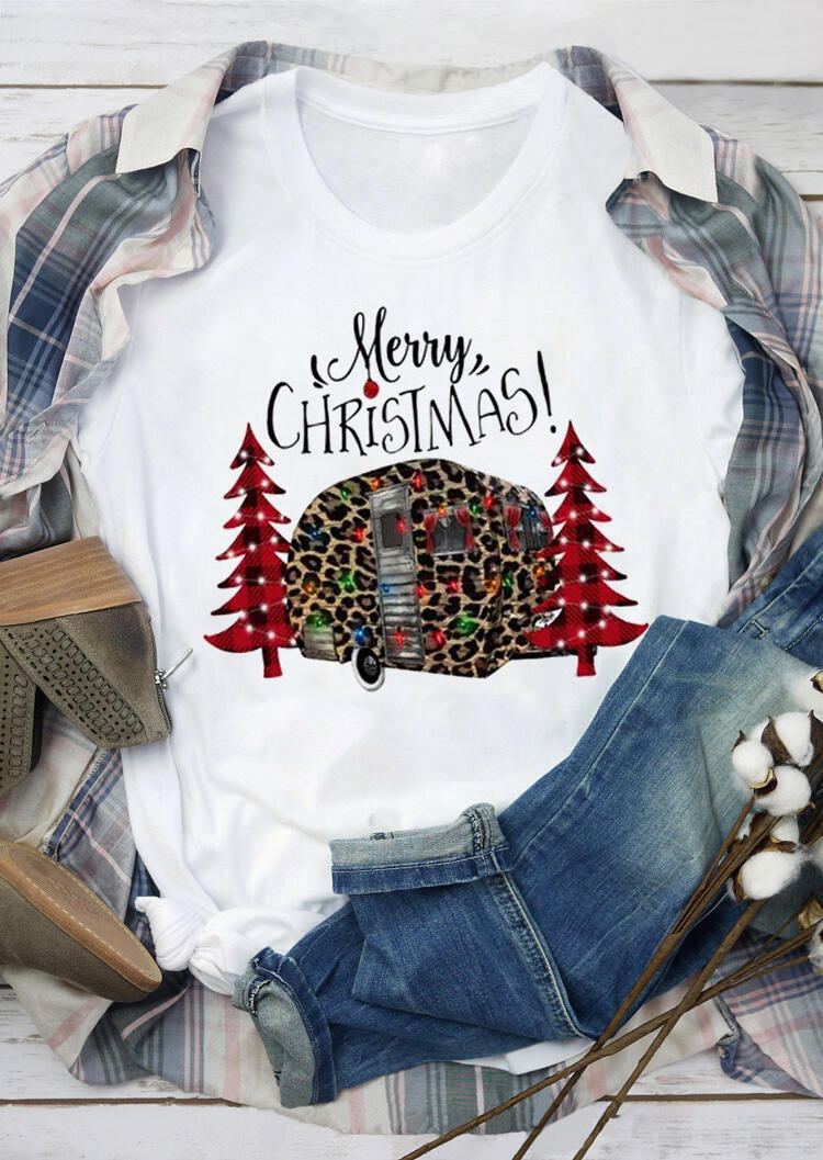 

Merry Christmas Tree Leopard Plaid Printed T-Shirt Tee - White, 456450