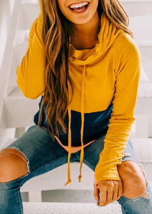 

Color Block Splicing Drawstring Thumbhole Sweatshirt - Yellow, 456480
