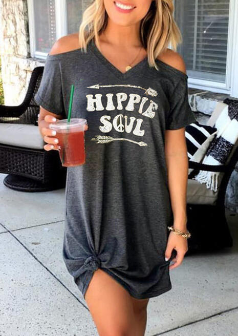 

Mini Dresses Hippie Soul Cold Shoulder Mini Dress without Necklace in Dark Grey. Size