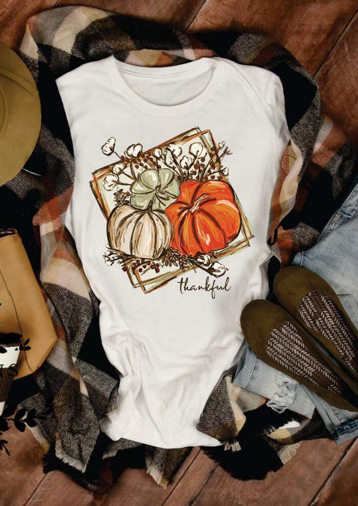 

Tees T-shirts Floral Thankful Pumpkin T-Shirt Tee - White. Size