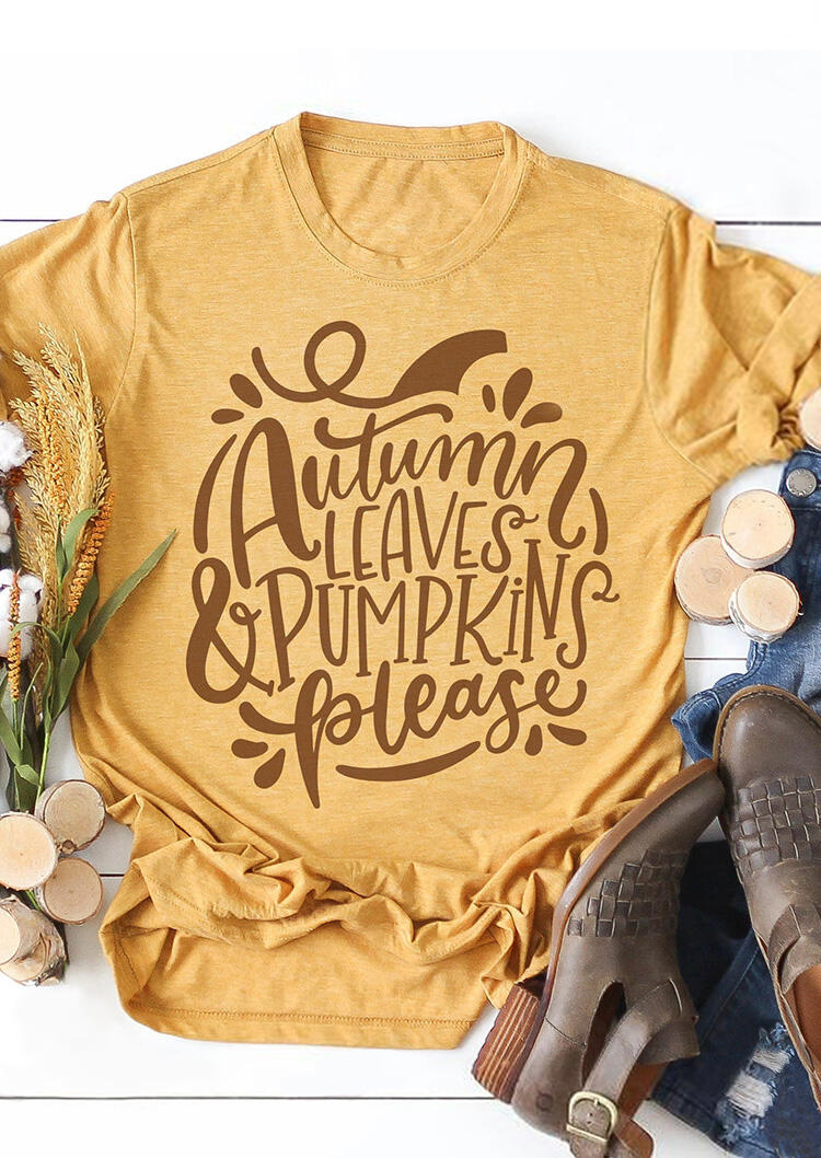 Autumn Leaves And Pumpkins Please T-Shirt Tee – Yellow