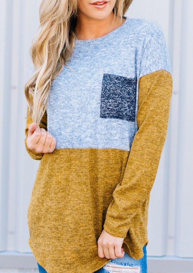 

Color Block Pocket Long Sleeve Blouse - Yellow, 456511