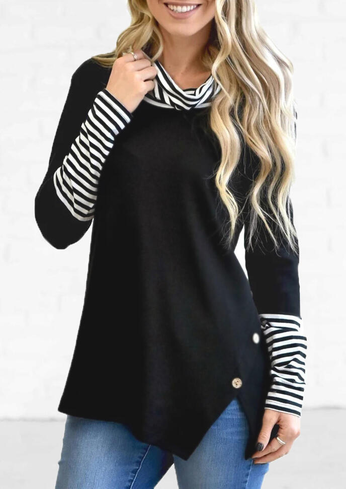 

Striped Splicing Cowl Neck Slit Blouse - Black, 456541