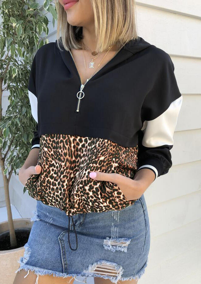 

Leopard Printed Color Block Hoodie without Necklace - Black, 456543