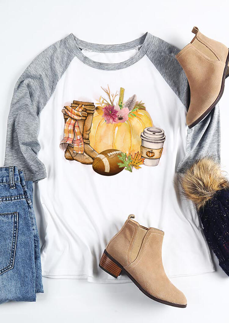 

Floral Scarf Boots Footballl Pumpkin T-Shirt Tee - White, 456553