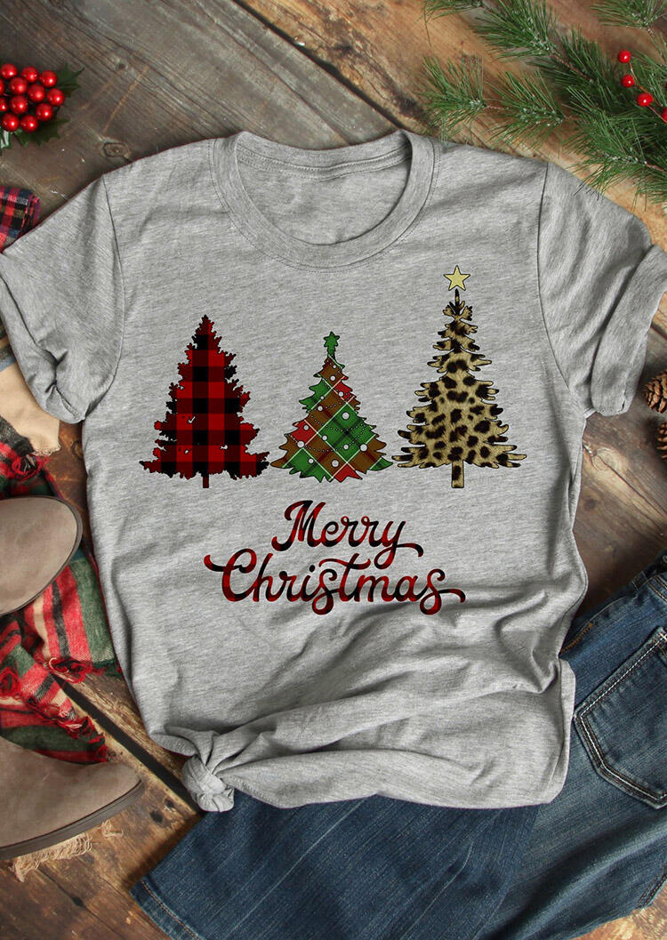 

Leopard Plaid Printed Merry Christmas Tree T-Shirt Tee - Gray, 456590