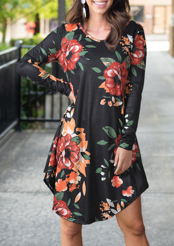 

Mini Dresses Floral O-Neck Asymmetric Mini Dress - Black. Size