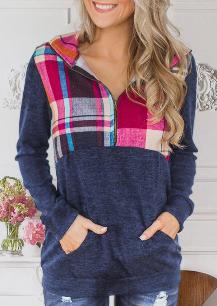 

Plaid Splicing Kangaroo Pocket Zipper Blouse, 456587