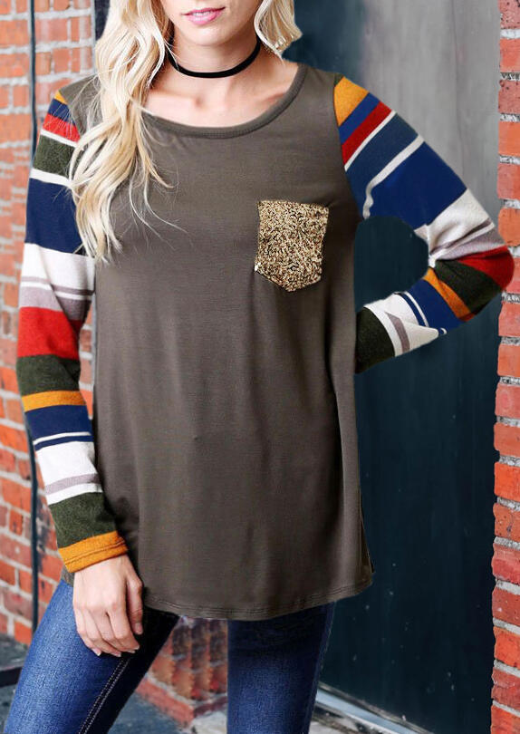

Color Block Striped Sequined Blouse without Choker - Coffee, 456589