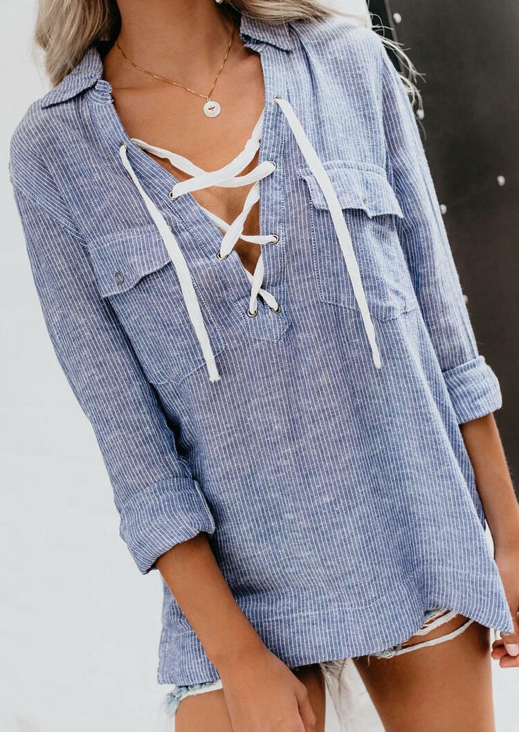 

Striped Criss-Cross Blouse without Necklace - Blue, 456591