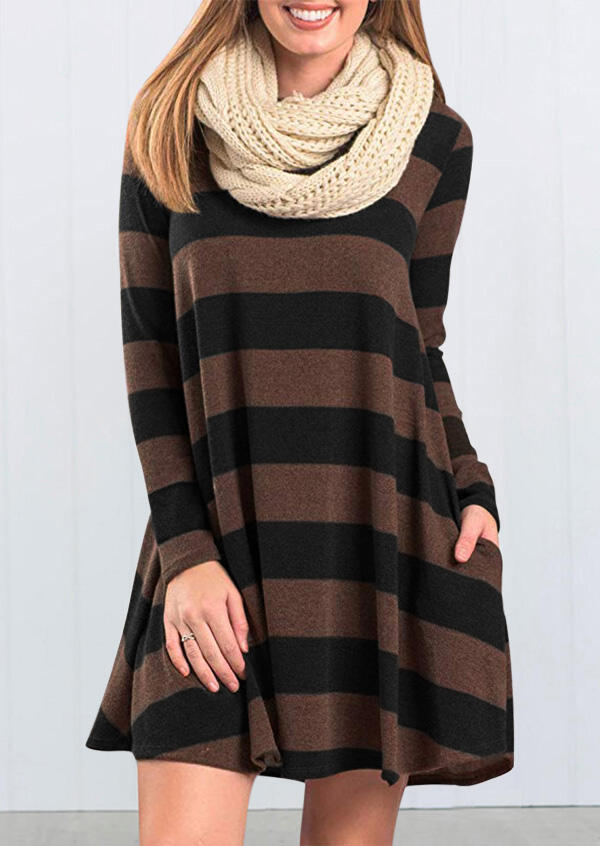 

Mini Dresses Striped Pocket Long Sleeve Mini Dress without Necklace. Size: ,M, Stripe