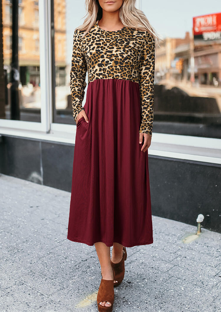 Leopard Printed Ruffled Pocket Long Sleeve Maxi Dress – Burgundy