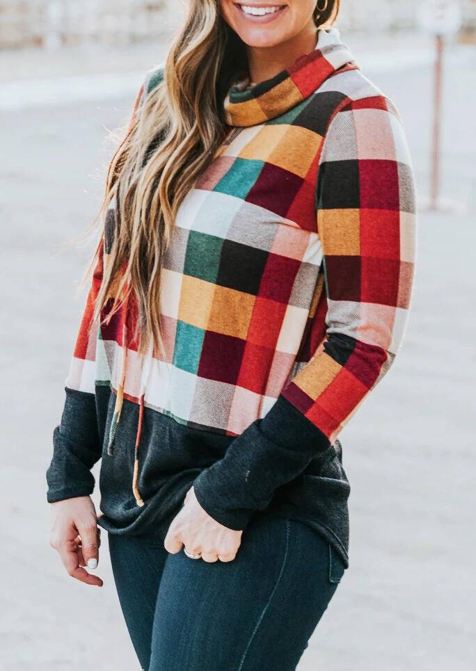

Blouses Plaid Splicing Drawstring Cowl Neck Blouse. Size: S,M,,XL