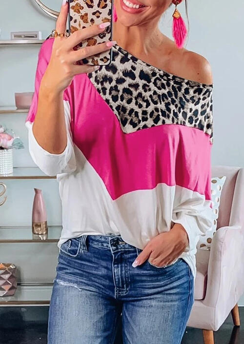 

Leopard Printed Color Block Splicing Blouse - White, 456669