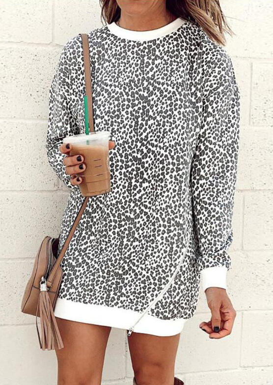 

Women's Print Zipper Leopard Sweater Round Neck Long Sleeve Patchwork Sweatshirt, Black