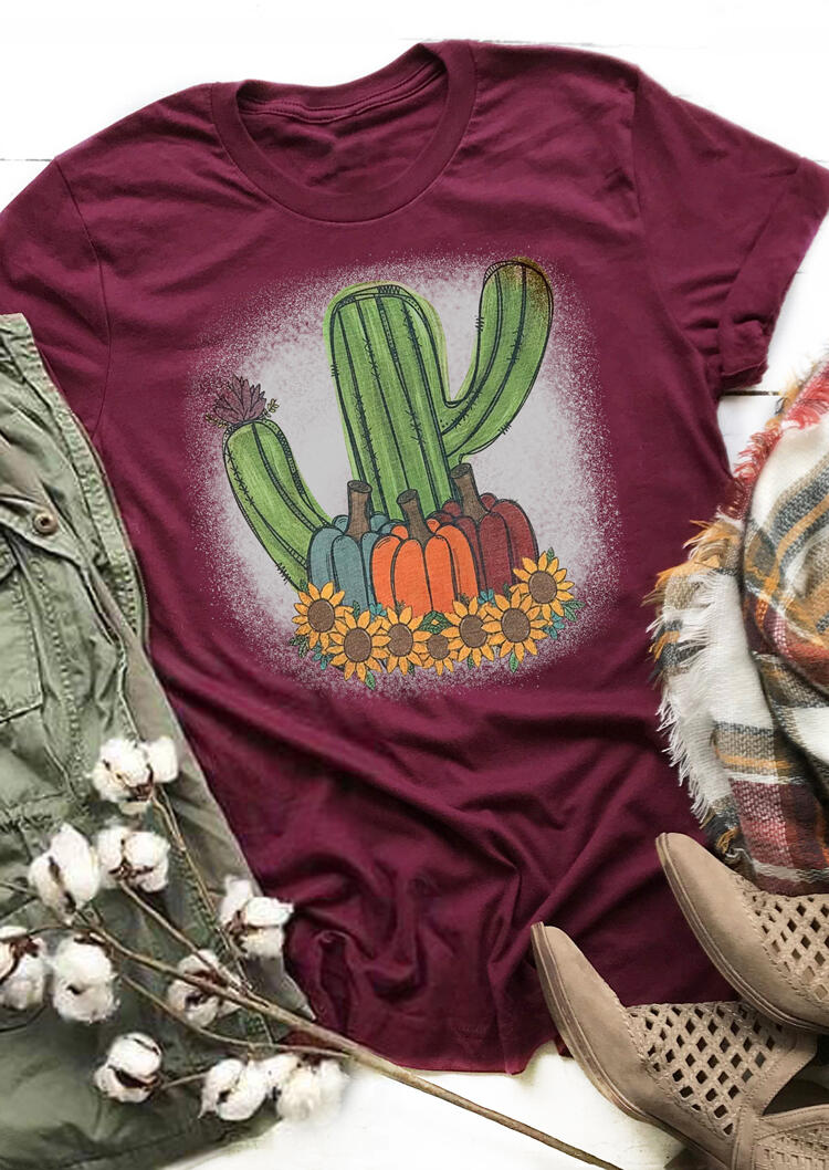 

Tees T-shirts Cactus Pumpkin Sunflower T-Shirt Tee - Burgundy. Size: M,,XL