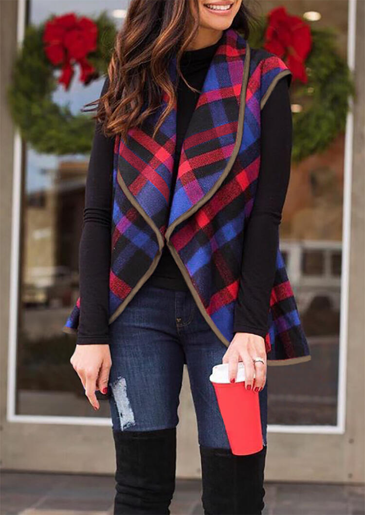 

Plaid Pocket Sleeveless Vest Cardigan, 456670