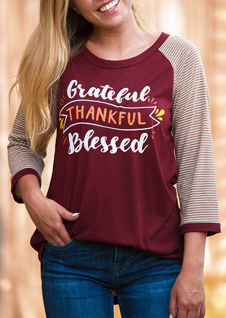 

Thankful Grateful Blessed Striped Printed T-Shirt Tee - Burgundy, 456682