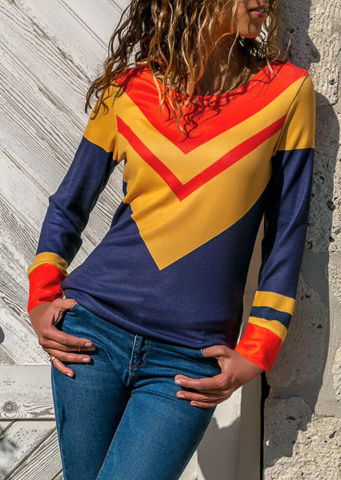 

Blue Yellow Orange Color Block Long Sleeves T-Shirt, Multicolor