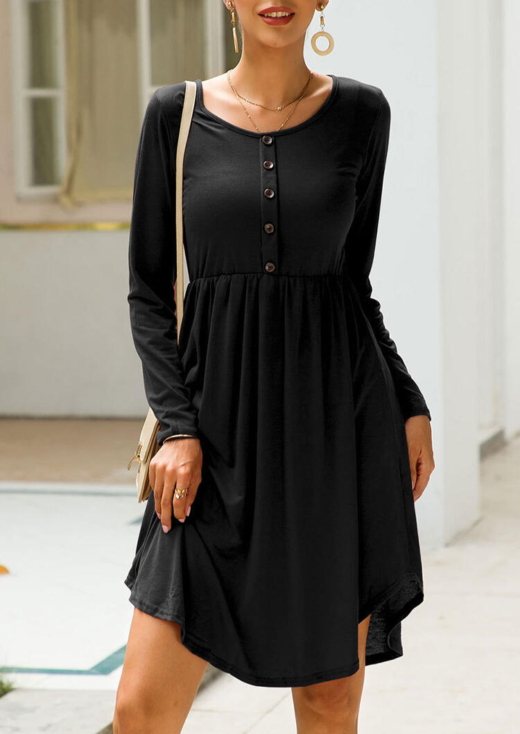 

Solid Button Long Sleeve Casual Dress - Black, 456704