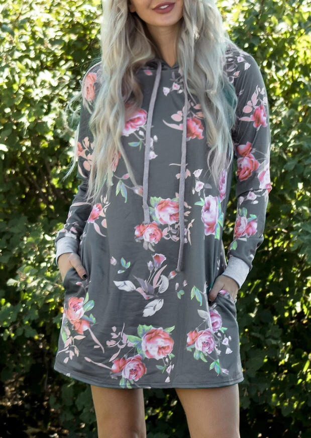 

Floral Drawstring Pocket Hooded Mini Dress - Gray, 456716