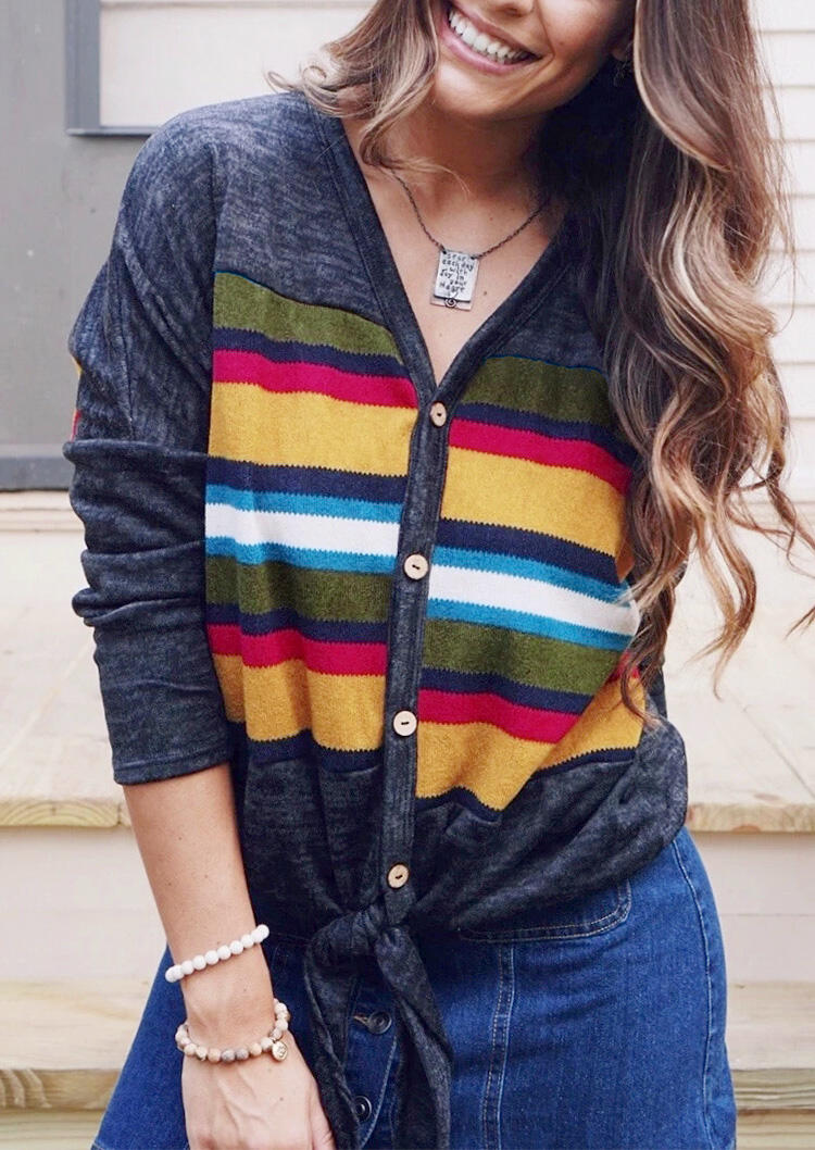 

Striped Tie Button V-Neck Blouse without Necklace - Multicolor, 456718
