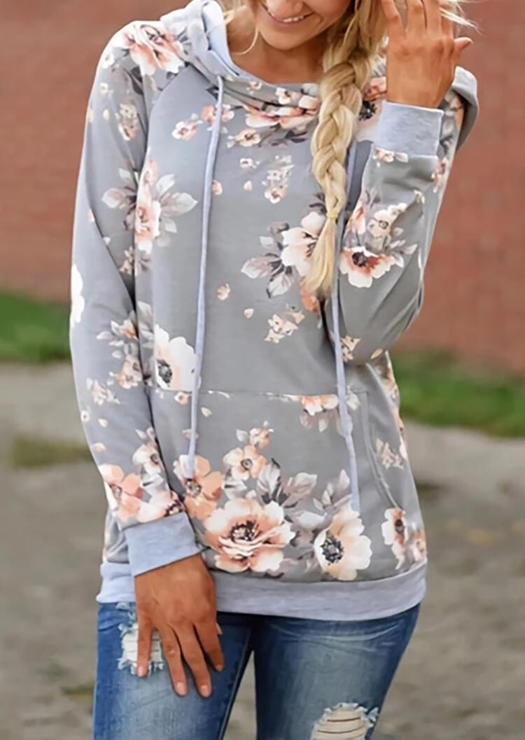 

Floral Splicing O-Neck Kangaroo Pocket Hoodie - Light Grey, 456741