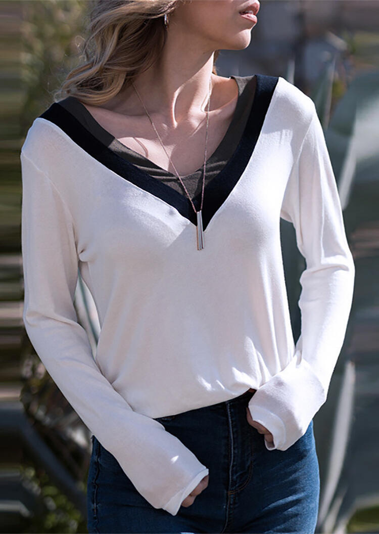 

Color Block V-Neck T-Shirt Tee without Necklace - White, 456742