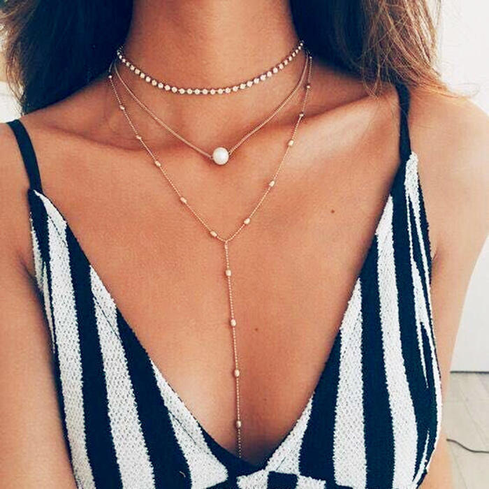 

Triple-Layered Pearl Pendant Necklace, Gold, 456785