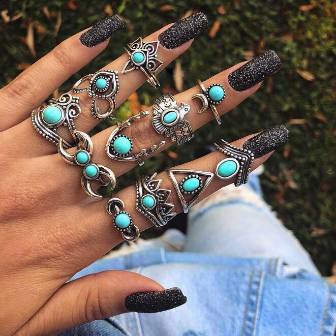 

Geometric Moon Heart Lotus Turquoise Ring Set, Green, 456786
