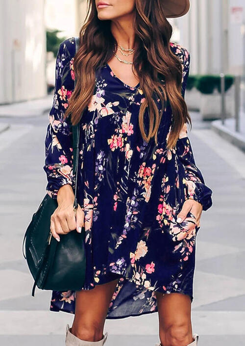 

Mini Dresses Floral Asymmetric V-Neck Mini Dress without Necklace - Navy Blue. Size