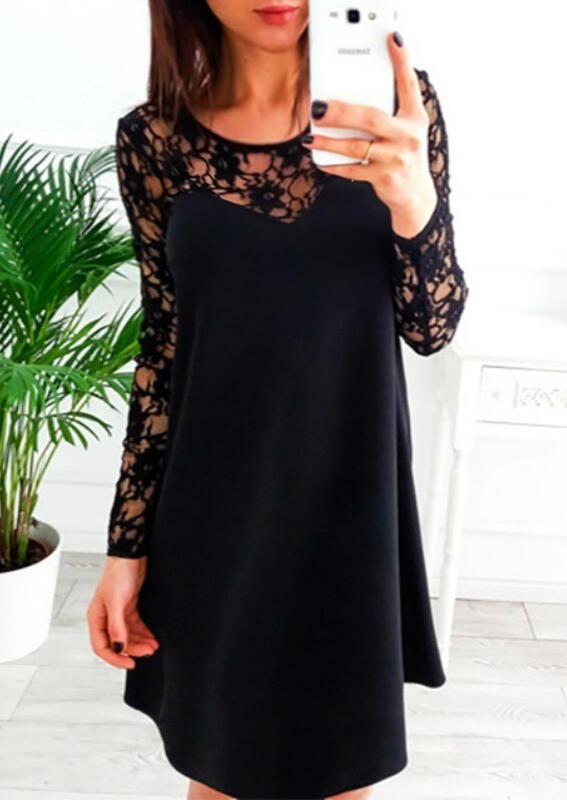

Solid Lace Splicing O-Neck Mini Dress - Black, 456810