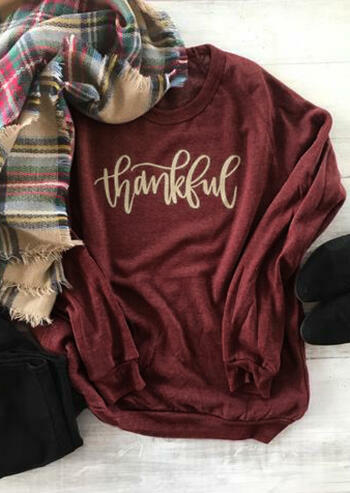 

Thankful O-Neck Long Sleeve Sweatshirt, Burgundy, 163767