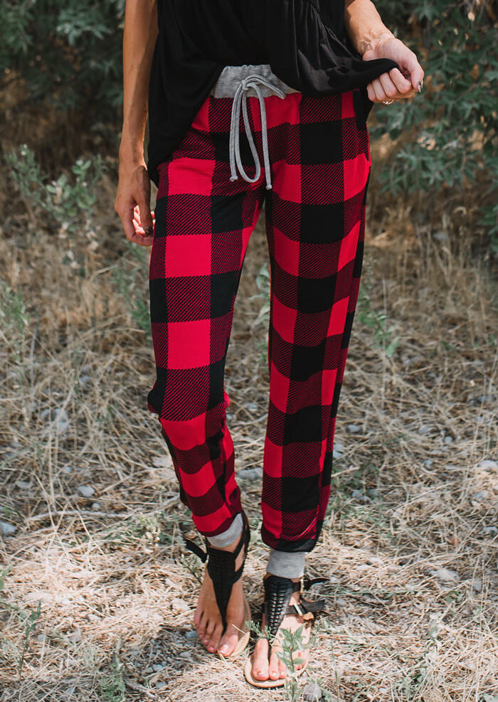 

Plaid Splicing Drawstring Skinny Pants, 456823