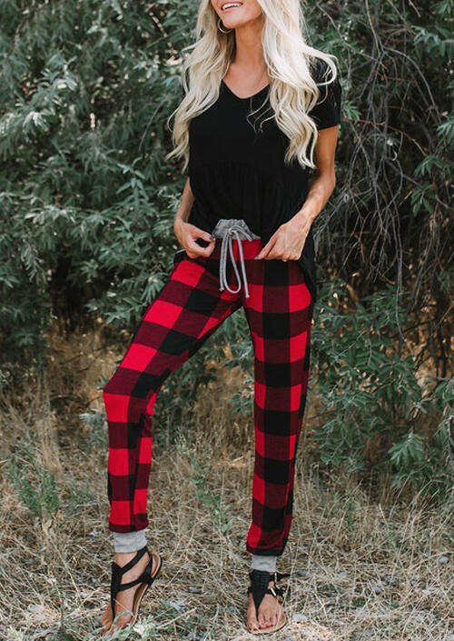 

Red Black Plaid Splicing Drawstring Skinny Jogger Pants For Women in Plaid. Size